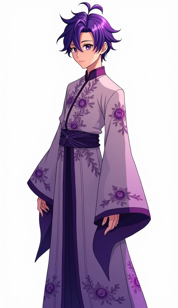 Character Design,whole body镜头,Pure white background,Purple Hair, aldult, aldult face, boy, purple, Chinese dress, Hammerhead, whole body, front, Anime style
