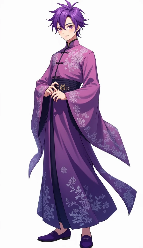 Character Design,whole body镜头,Pure white background,Purple Hair, aldult, aldult face, boy, purple, Chinese dress, Hammerhead, whole body, front, Anime style