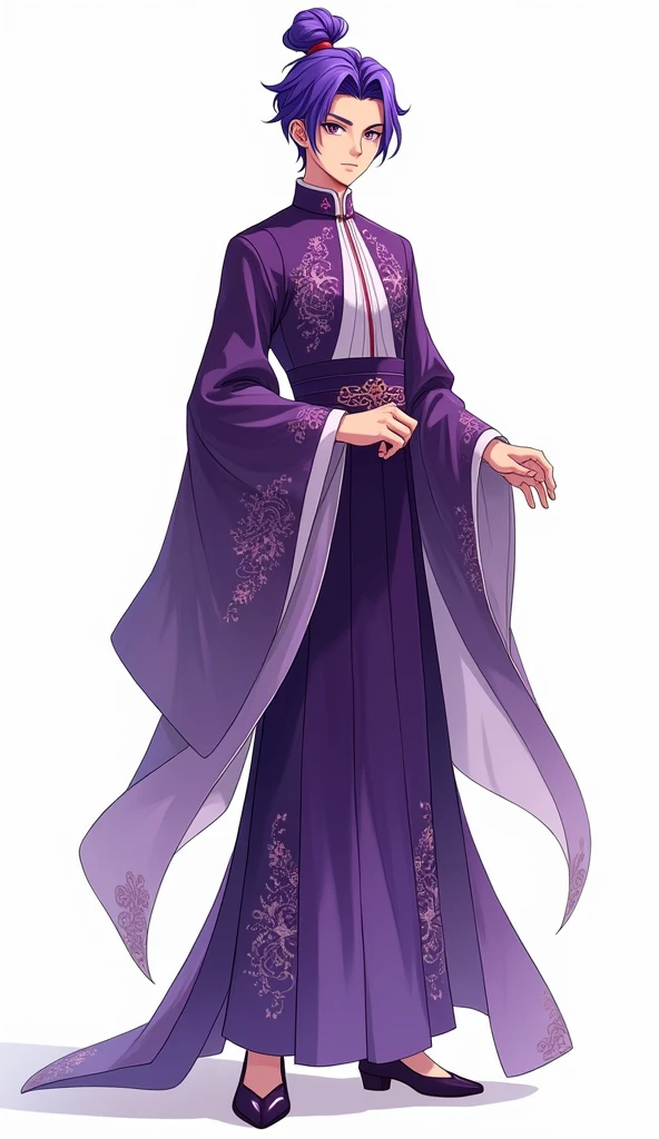 Character Design,whole body镜头,Pure white background,Purple Hair, aldult, aldult face, boy, purple, Chinese dress, Hammerhead, whole body, front, Anime style