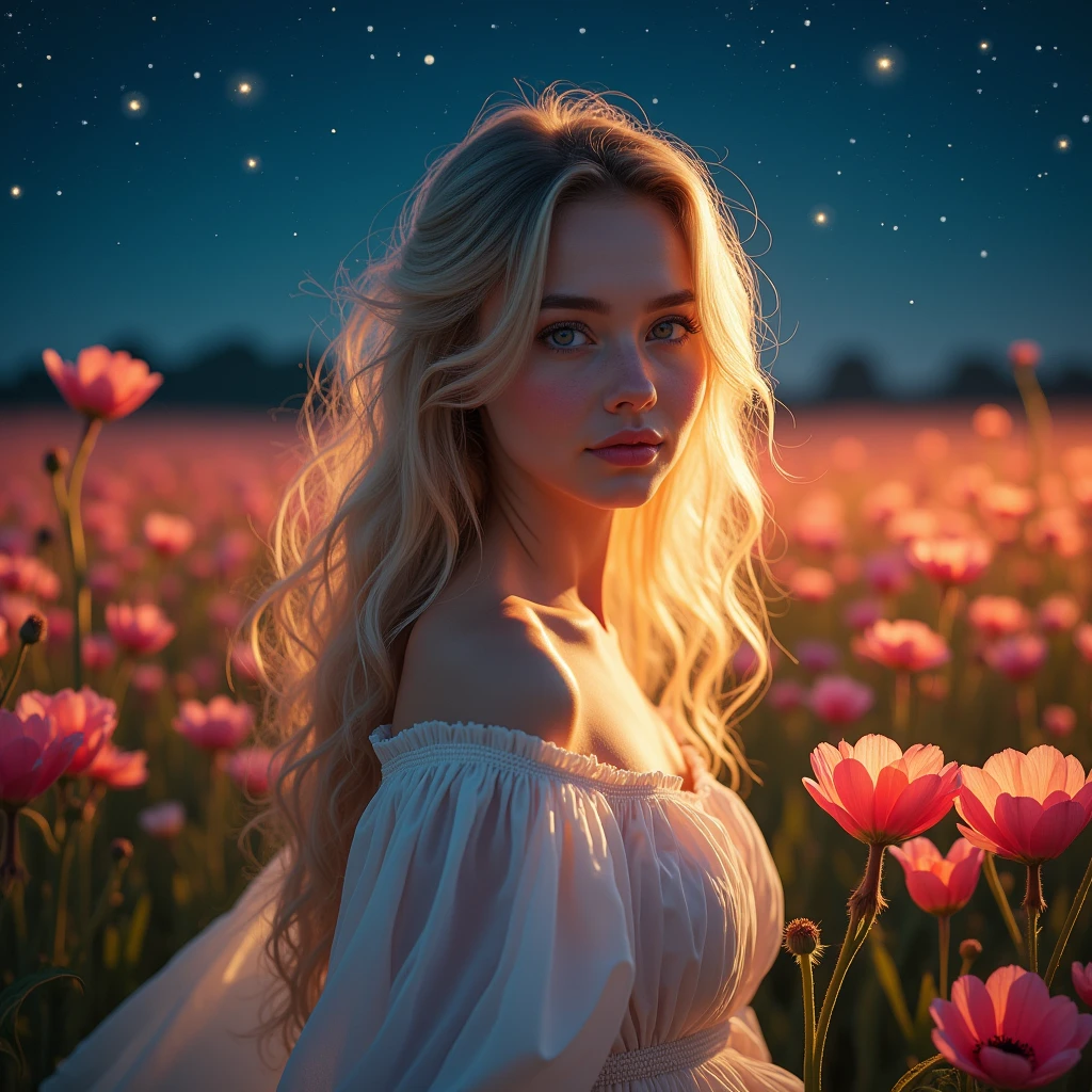 a beautiful young woman with long blonde hair, detailed eyes, delicate features, wearing a flowing white dress, standing in a field of flowers under a starry night sky, hyperrealistic, 8k, masterpiece, dramatic lighting, cinematic composition, intricate details, vibrant colors, fantasy, ethereal, dreamy, magical