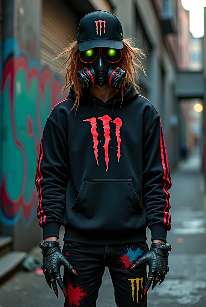 Personnage avec un avec un tageur sur luis avec du noir est des rayures rouges déçu ce tageur des yeux noir avec du vert agenda luisant un masque de respiration qui couvre sa bouche des cheveux de pieuvre qui traverse sa casquette noir avec la Marque ou il y a ecris monster énergie des basket noir avec des rayures de montif jaune clair vif sur c'est deux baskets un pantalon avec des trace de peinture vert bleu et rouge sur sont pantalon avec du jaune un pull avec noir avec du rouge du bleu ciens est du vert clair poupre décu une bague gris avec des pique d'acier avec de la peinture agenda rouge est bleu sur sa bague qui est sur sont bras droit avec aussi sur c'est bague des corne d'acier gris des griffes funeste faite de métal sur c'est main qui sont noir avec une substance de l'énergie luisant qui coule est qui dégradé des gris qu'il sont sur c'est main est un côté de combattant dangereux avec c'est griffe de métal
