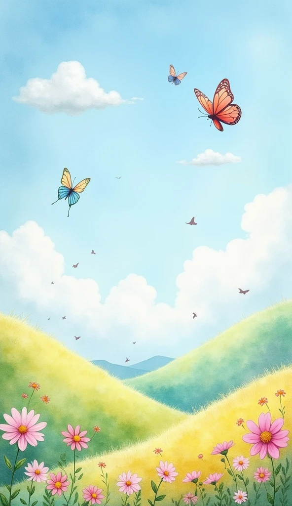  Watercolor and pencil lines, with a soft, fairy-like feel, and a pastel blue sky image.
