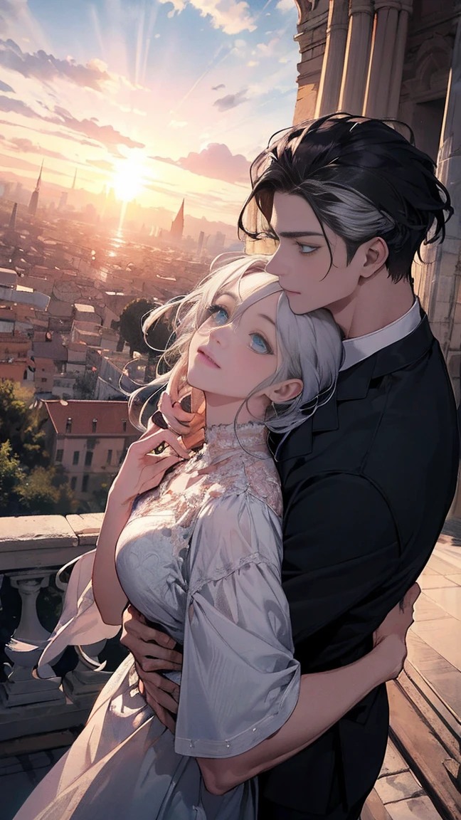 จักรพรรดิromeันคอนสแตนตินมหาราช((Black-haired man,blue eyes)). The great emperor and the beautiful woman named Serdika((White-haired woman,blue eyes)),Face details, High Definition Details, beloved by the จักรพรรดิromeันคอนสแตนตินมหาราช. Happy couple. The bond of eternal love. Mutual love. Pure Love. romantic, sunset, Only return, Realistic, fresh breeze of early summer.“romeของฉันคือเซอร์ดิกา” ด้วยความรัก.rome.งดงามและmelodic. Amazing. With admiration for Sofia, Bulgaria.epic. melodic.Amazing , View background. in the city. It's so beautiful.. high resolution. High quality. high resolution. digital art. It's so beautiful.. high resolution. High quality. high resolution. digital art.