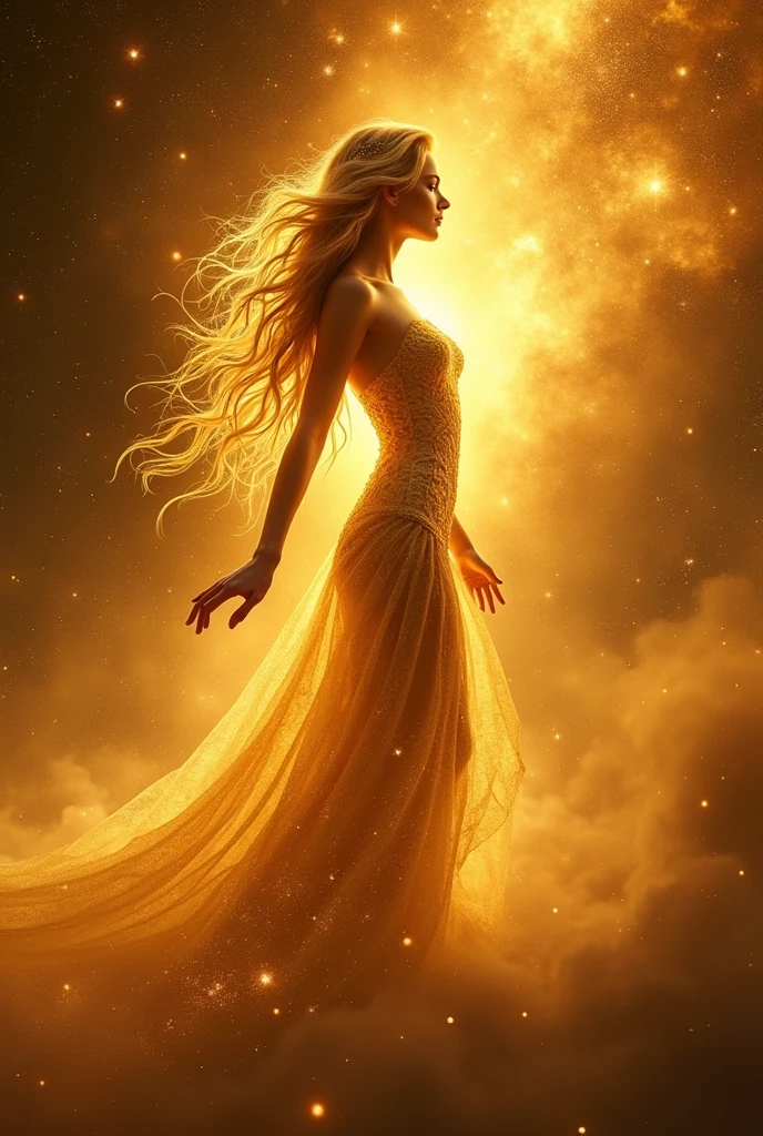 Leo, a female goddess, emits a golden light (divine radiance) all over her body. She is a female god of war, a beautiful and seductive goddess, and a golden galaxy,4K