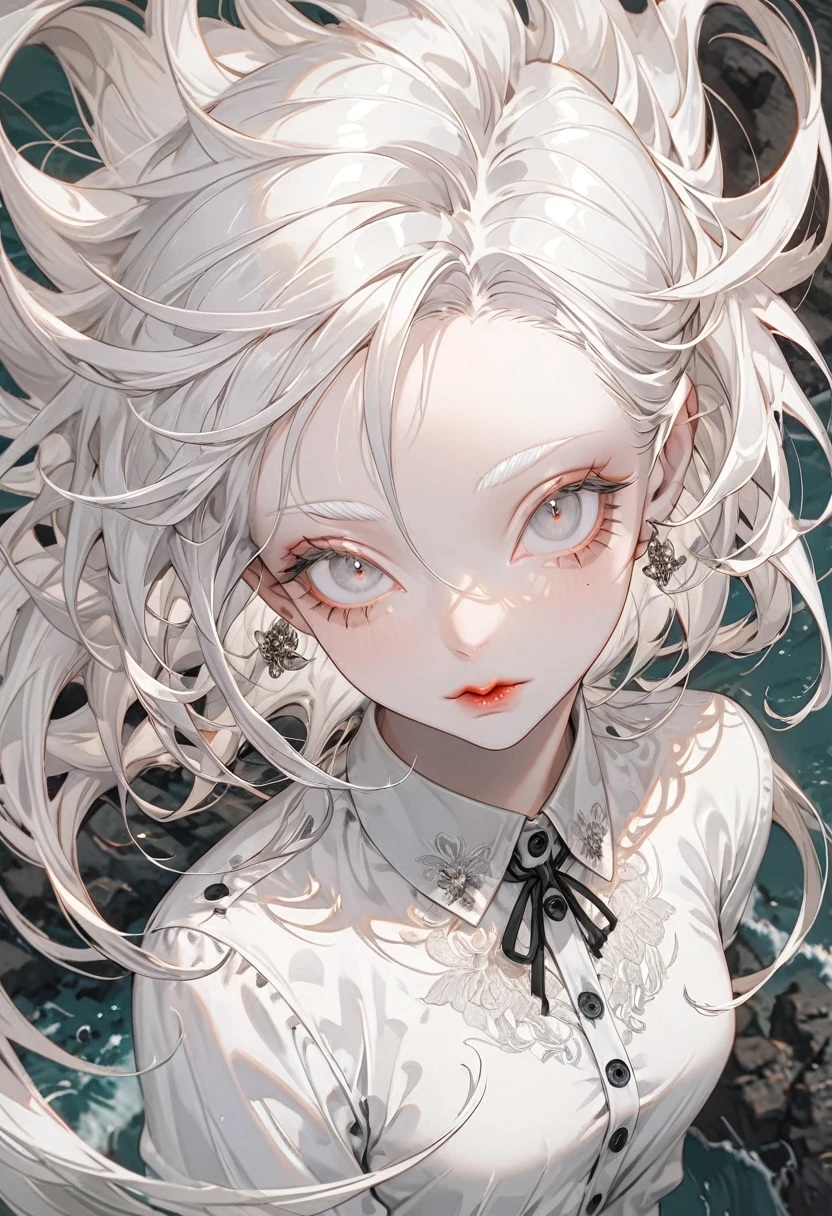 The background is the coast，(Highest quality,Very detailed,High resolution:1.2),Slim albino girl，Very short white hair,gray bangs，very_long white eyelashes, White eyebrows, White skin，Detailed lips, Cool look, Soft Skin, Shiny Hair,Exquisite makeup,Shot from above，black buttoned shirt，