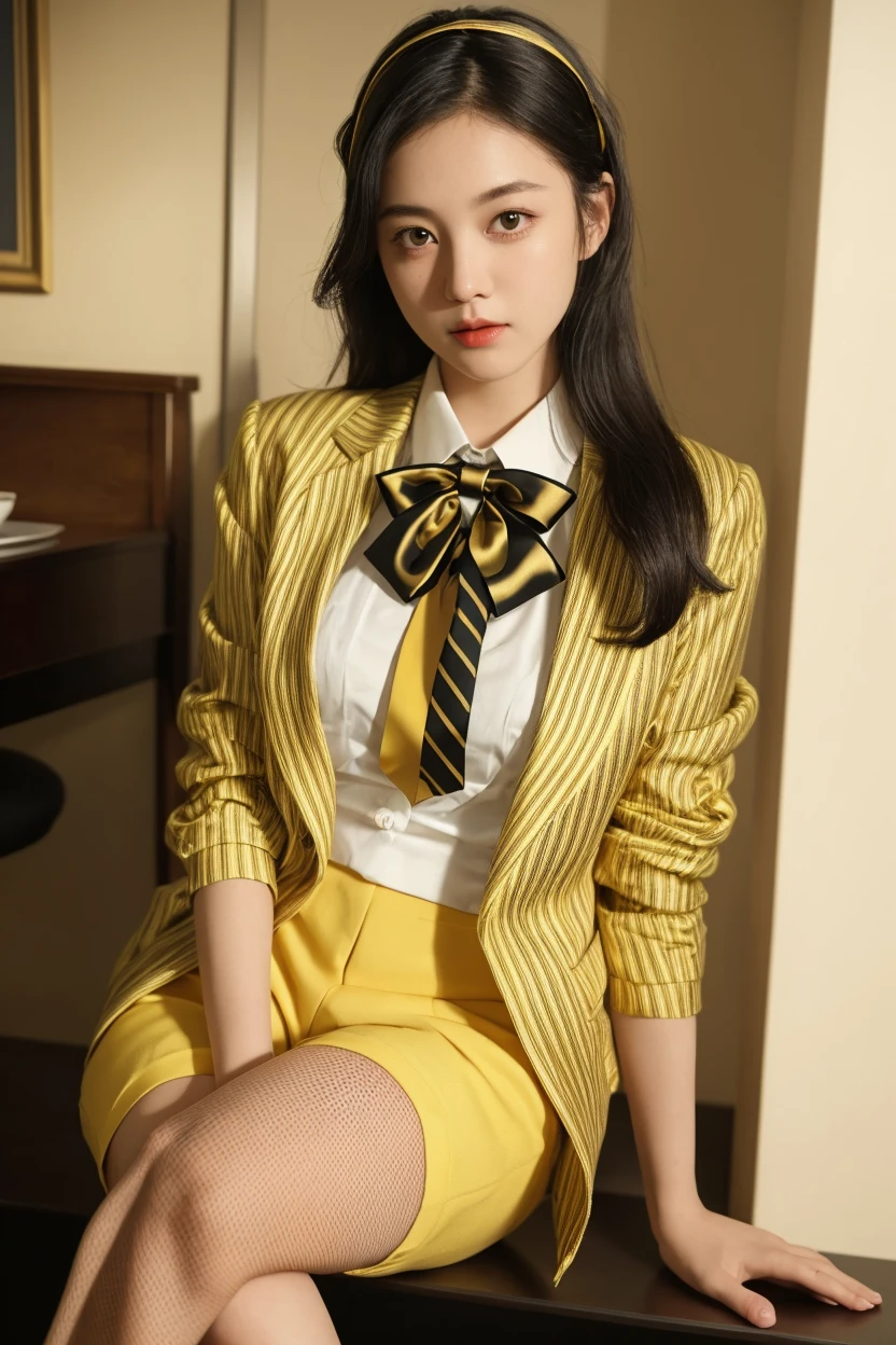 masterpiece、1 Beautiful Girl、A detailed face、A detailed eye、Detailed skin、Detailed hand、top-quality、Illuminated from the front with bright lighting、profetional lighting、Facing straight ahead、The background is a little blurry、The costumes are idol costumes like AKB48(Check short skirt、Jacket feather hair ornament、Cute tie)、Background above live stage(Dancing)、
Some parts of the costume and hair ornament are yellow、
Hairstyle is short hair、With bangs、
Age is 20 years old、
The right arm is spread wide、
The color of the eyeball is black、
Part of the hair is yellow、