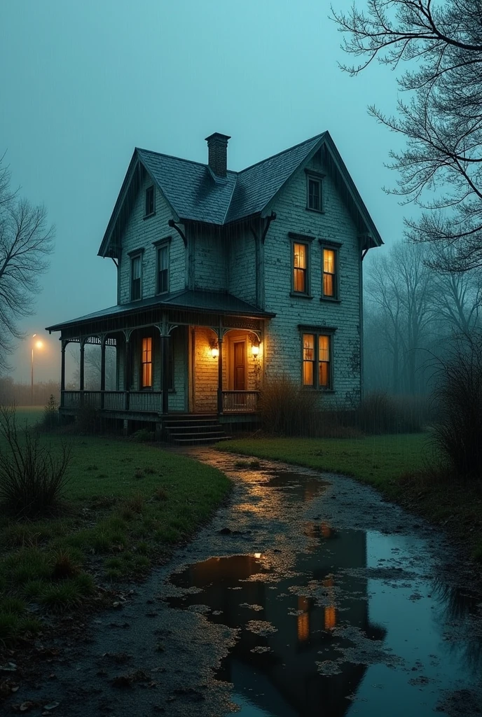 Create a detailed, atmospheric illustration of a lonely house in the rain:

Setting: A small, old-fashioned house set in a rural or suburban environment.
Weather: Heavy rain with large droplets and a constant downpour.
House Details:
The house has a weathered facade with peeling paint, dimly lit windows, and a small front porch.
There is a picket fence around the house, with a few loose boards.
The roof is slightly slanted with visible raindrops sliding off.
Surroundings:
The yard is overgrown with grass and a few scattered leaves.
Wet, muddy pathways leading to the house.
Atmosphere: Quiet and melancholic, with the rain creating a soothing but somber ambiance.
Additional Details:
Soft glow of interior lights visible through the windows.
Puddles forming on the ground, reflecting the soft, diffused light of street lamps or nearby lights.
A hint of fog or mist in the air, adding to the overall moody feeling.