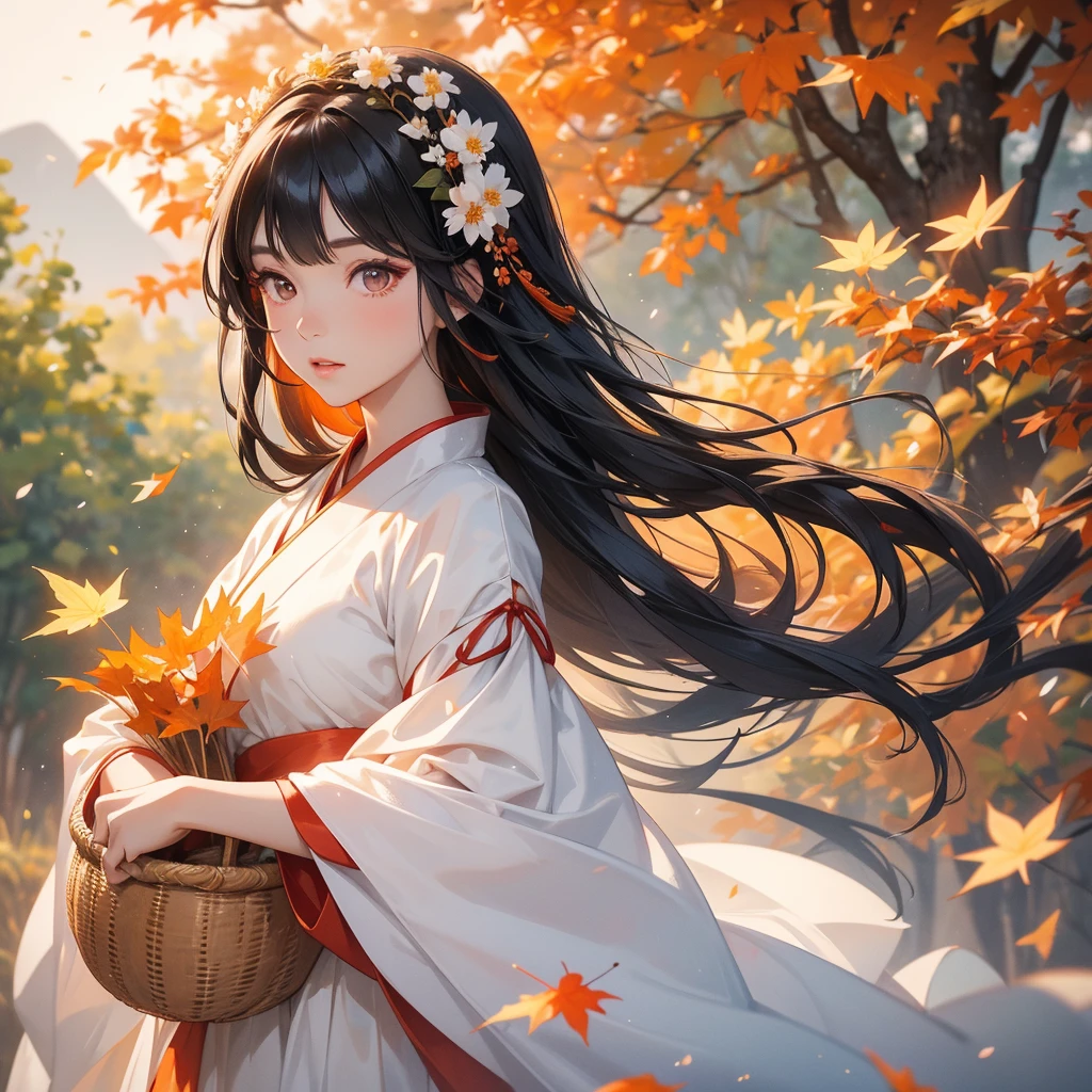 A beautiful female black hair in white hanfu dress , Holding a large woven basket that full of flower in the forest,close up
The backdrop is a mountain that turns orange-red in spring, and maple leaves fall from the trees.