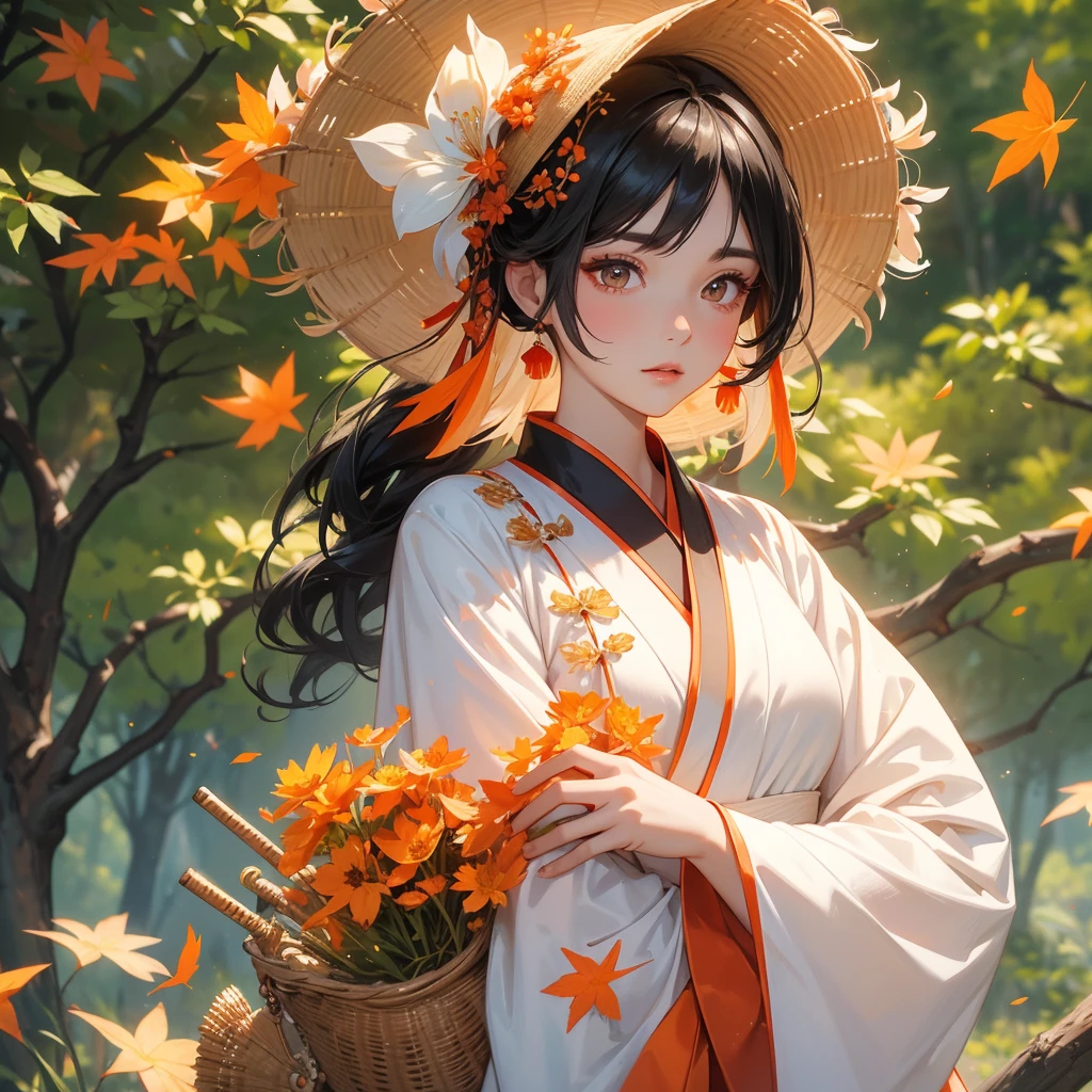 A beautiful female black hair in white hanfu dress , Holding a large woven basket that full of flower in the forest,close up
The backdrop is a mountain that turns orange-red in spring, and maple leaves fall from the trees.