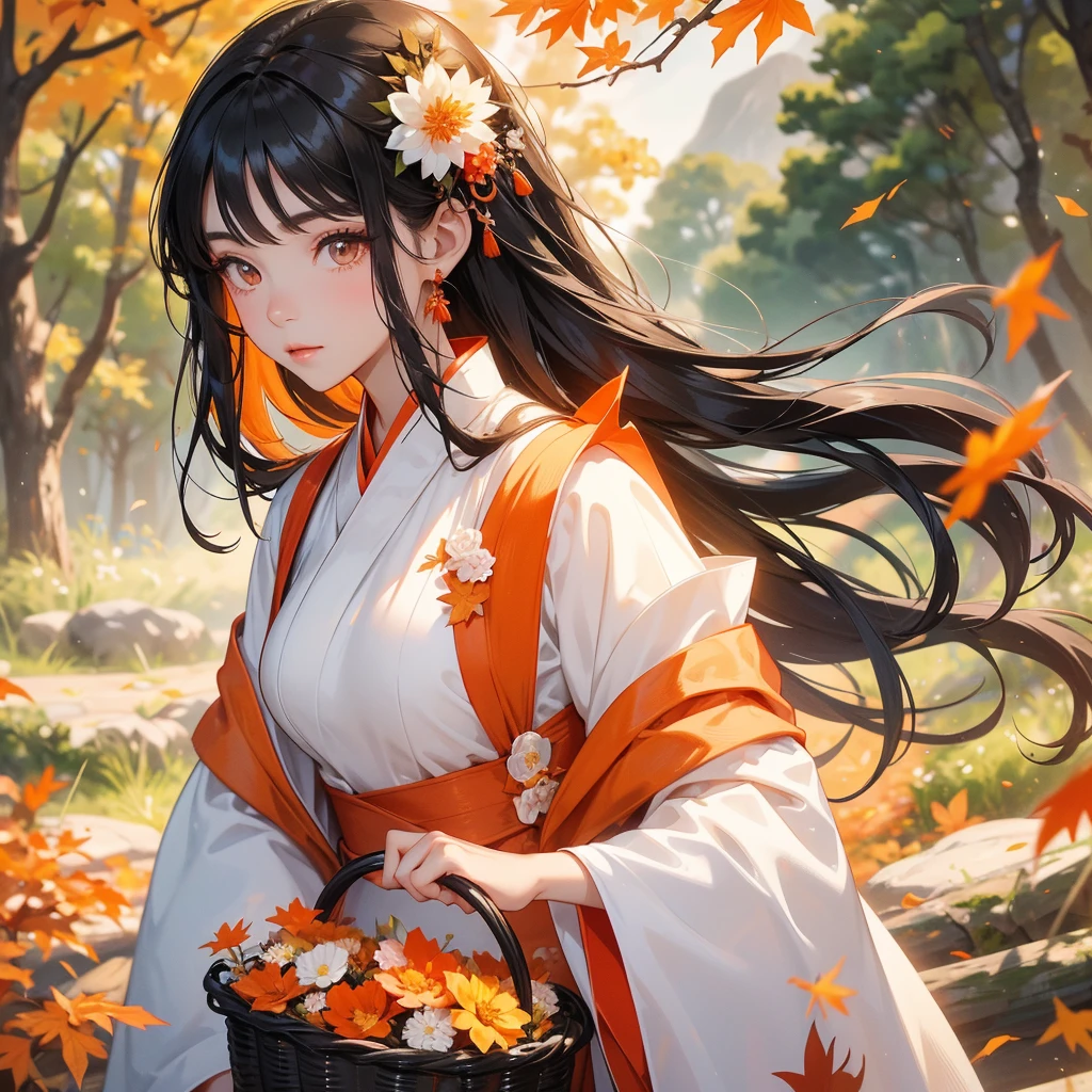 A beautiful female black hair in white hanfu dress , Holding a large woven basket that full of flower in the forest,close up
The backdrop is a mountain that turns orange-red in spring, and maple leaves fall from the trees.