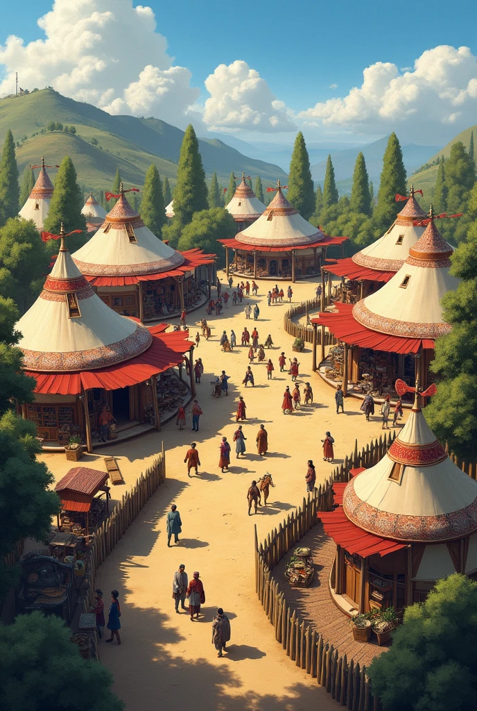 

"Generate a highly detailed map of Ertugrul Gazi's 13th-century Turkish camp, as depicted in the 'Diriliş: Ertuğrul' series. The map should include a arrangement of large yurts (khemas), each with intricate patterns and surrounded by wooden fences. In the center, depict a bustling market area with various shops selling goods like weapons, textiles, and food items. The market should be lively, with traders and people interacting.

Include a specific area for horses, featuring a well-organized 'horse parking' zone where the horses are tied to posts or resting near water troughs. Surround the camp with essential shops like blacksmiths, leatherworkers, and herbalists, each shop detailed