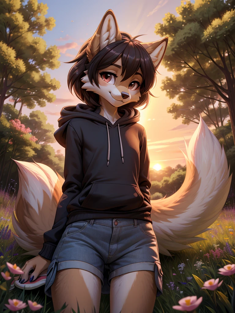 **Prompt:** A beautiful, (masterpiece), high quality, perfect lighting, highly detailed CG Unity 8k wallpaper, high resolution, perfect lighting, youthful, adolescent, slim, skinny, frail slender figure, distinctly feminine figure, narrow hips, close-up shot, Anthropomorphic wolf woman, CG Unity, youthful, tall, slim, beautiful elegant feminine figure, narrow hips, fluffy fuzzy volumetric gray and brown fur, soft beige fur on face and belly, simple hoodie, tight cargo shorts, sneakers, fluffy locks styled into a messy yet intentional look, shy smile, large round eyes, laying on her stomach on a grassy knoll, surrounded by wildflowers, looking back at viewer, fluffy tail, sunset glow, behind view, timid yet endearing. presenting behind, ass view, plump huge butt