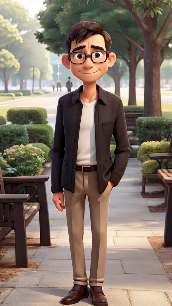 Solo man, 50 years old, thin face, glasses, thin body, black very short hair, comb, Gentle man, white long sleeves shirt, standing, in the park, morning, fully light, khaki chino pants, white snakers,