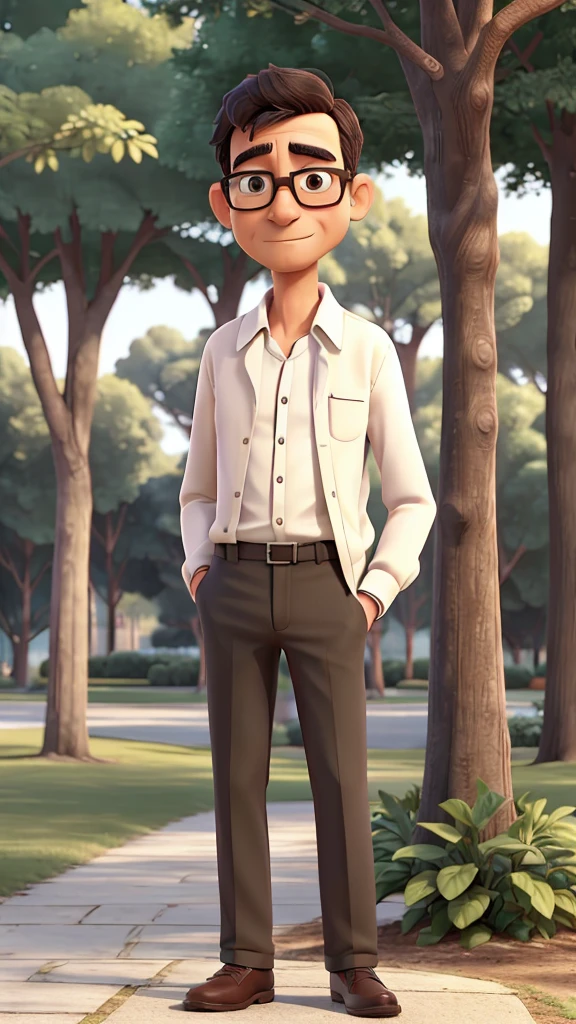 Solo man, 50 years old, thin face, glasses, thin body, black very short hair, comb, Gentle man, white long sleeves shirt, standing, in the park, morning, fully light, khaki chino pants, white snakers,