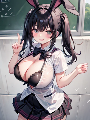 Bunny girl、 outside、Huge boobs、Cleavage、Smile of a girl、Black-haired、Black pleated skirt