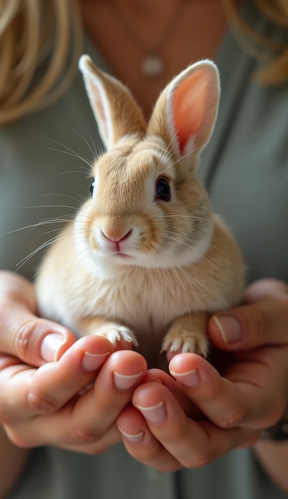 photorrealistic, 64k, tiny baby fat [rabbit] perched on human perfect woman fingers
