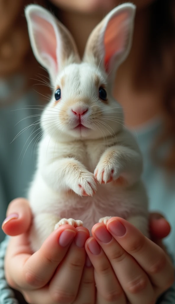 photorrealistic, 64k, tiny  fat [rabbit] perched on human perfect woman fingers