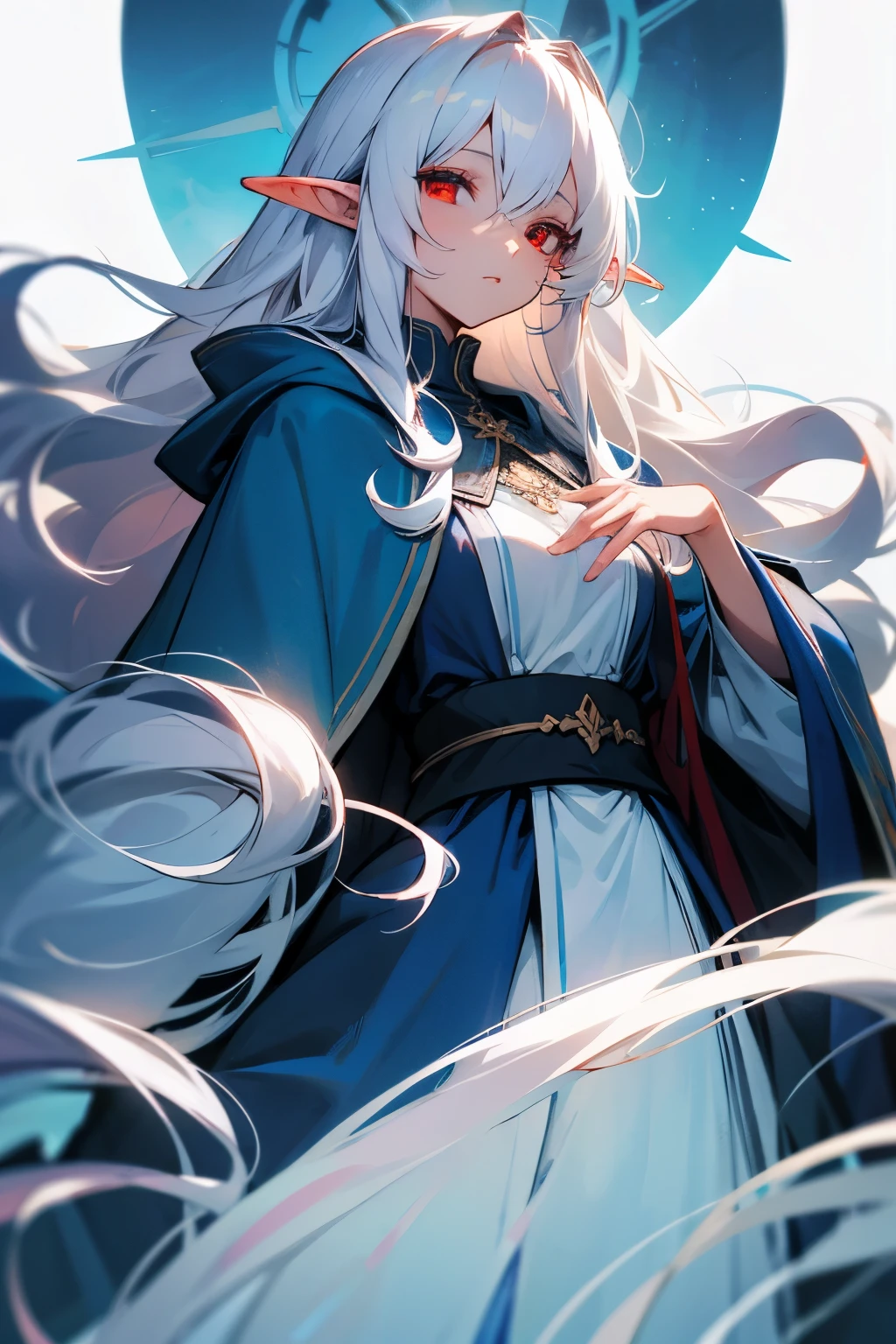 elf, high, curly long white hair, blue cloak, breast, Red eyes