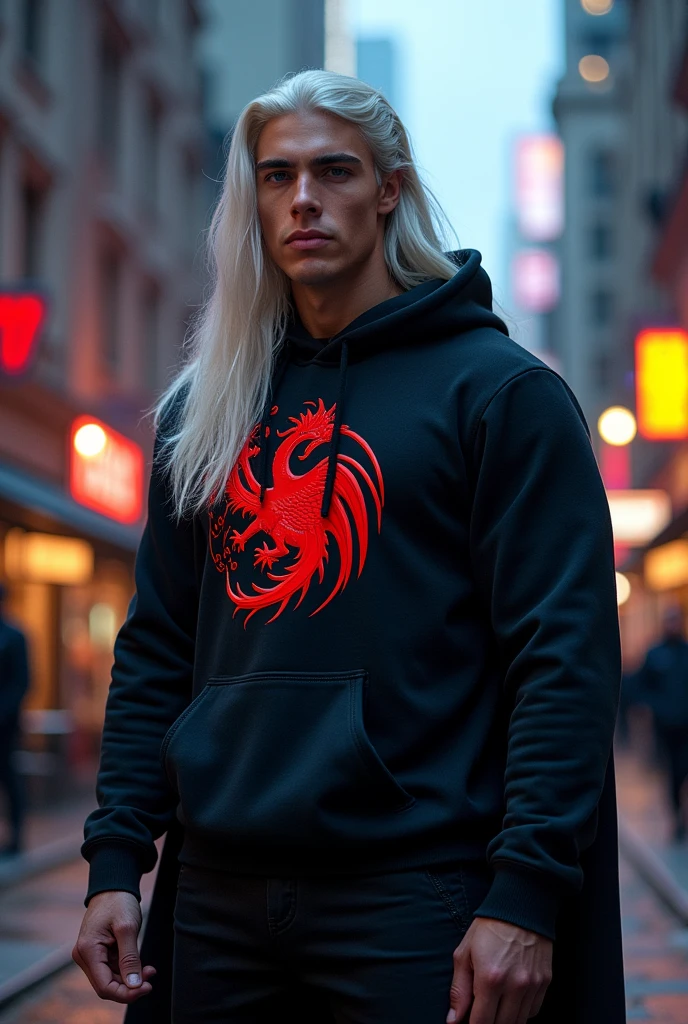 A modern superhero looks like Rhaegar Targaryen. He has black huperhero outft with large hoodie and emblem of threeheads red dragon. He looks like assasin. He has very long white hair and violet indygo eyes. He has clear face with no facial hair or wrikles. He looks strong, young and helthy.