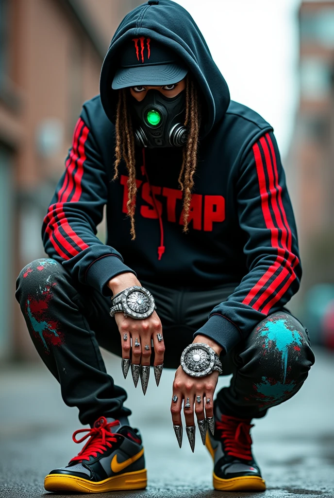 Personnage avec un avec un tageur sur luis avec du noir est des rayures rouges déçu ce tageur des yeux noir avec du vert agenda luisant un masque de respiration qui couvre sa bouche des cheveux de pieuvre qui ressemble a des tentacules qui traverse sa casquette noir avec la Marque ou il y a ecris monster énergie des basket noir avec des rayures de montif jaune clair vif sur c'est deux baskets un pantalon avec des trace de peinture vert bleu et rouge sur sont pantalon avec du jaune un pull avec noir avec du rouge du bleu ciens est du vert clair poupre décu une bague gris avec des pique d'acier avec de la peinture agenda rouge est bleu sur sa bague qui est sur sont bras droit avec aussi sur c'est bague des corne d'acier gris des griffes funeste faite de métal sur c'est main qui sont noir avec une substance de l'énergie luisant qui coule est qui dégradé des gris qu'il sont sur c'est main est un côté de combattant dangereux avec c'est griffe de métal qui sont grand esr acéré avec de l'énergie luisant