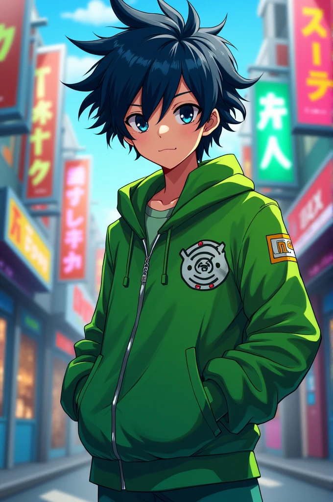 Anime, clothes green,boy,eye black,hair colour blue dark, 