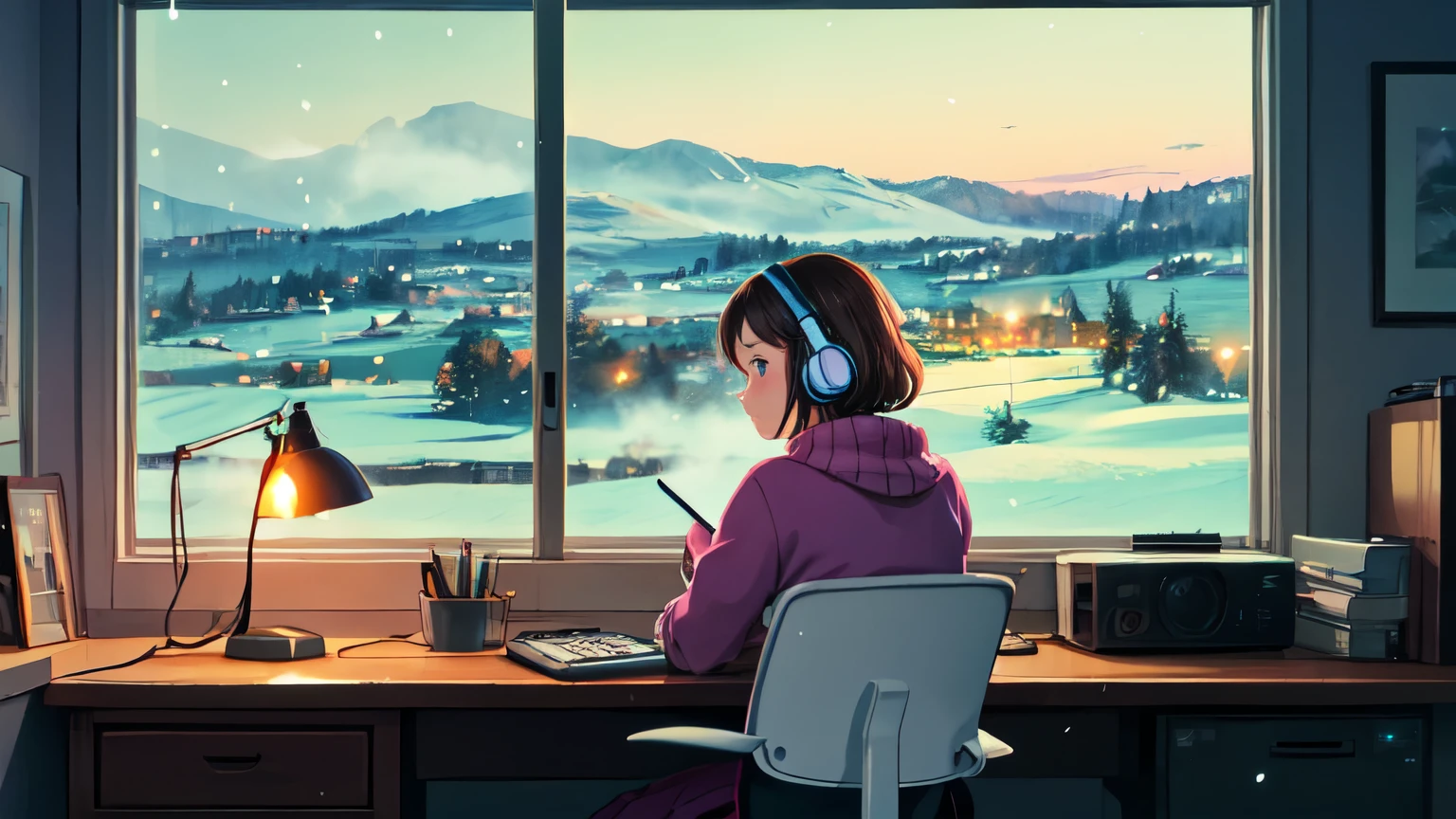 A digital painting of a young woman working on a computer while sitting at a desk in a snowy evening. She is wearing a cozy sweater with headphones on. A warm desk lamp is shining on the scene, and the window behind her shows the countryside scene with hazy lights and snow falling on the glass. The atmosphere is calm and concentrated, with computer screens and city lights giving a subtle glow in the background.