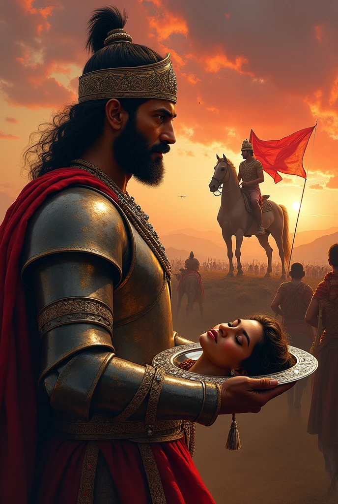 A rajput warrior is holding A severed head of a beautiful hindu rajput princess in a plate in front of hindu king ( who is sitting on the horse)