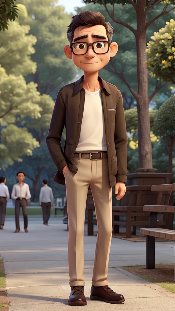 Solo man, 50 years old, thin face, glasses, thin body, black very short hair, comb, Gentle man, white long sleeves shirt, standing, in the park, morning, fully light, khaki chino pants, white snakers,