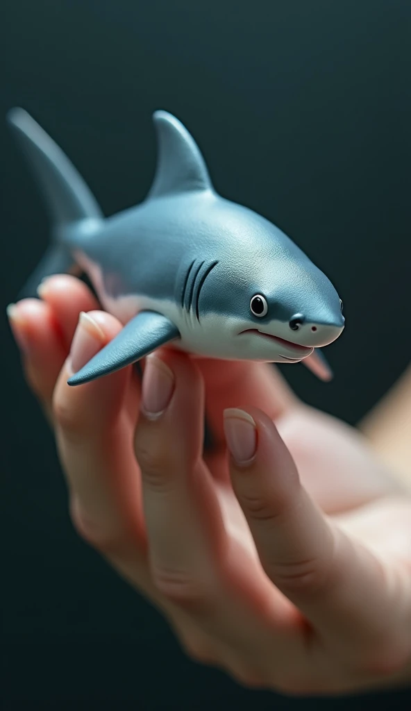 photorrealistic, 64k, tiny baby fat [shark] perched on human female perfect fingers