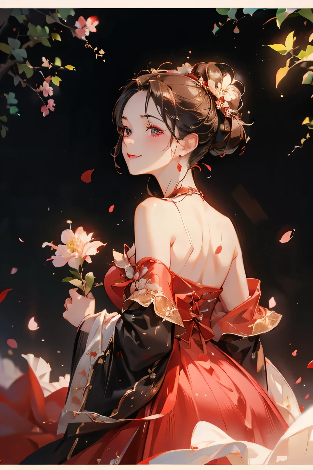 Best quality, masterpiece, ultra high res, (photorealistic:1.4), raw photo, 1girl, red dress, off shoulder, blossom flower field, glowing skin, big black bun in her back hair, light smile, accurate, detailed