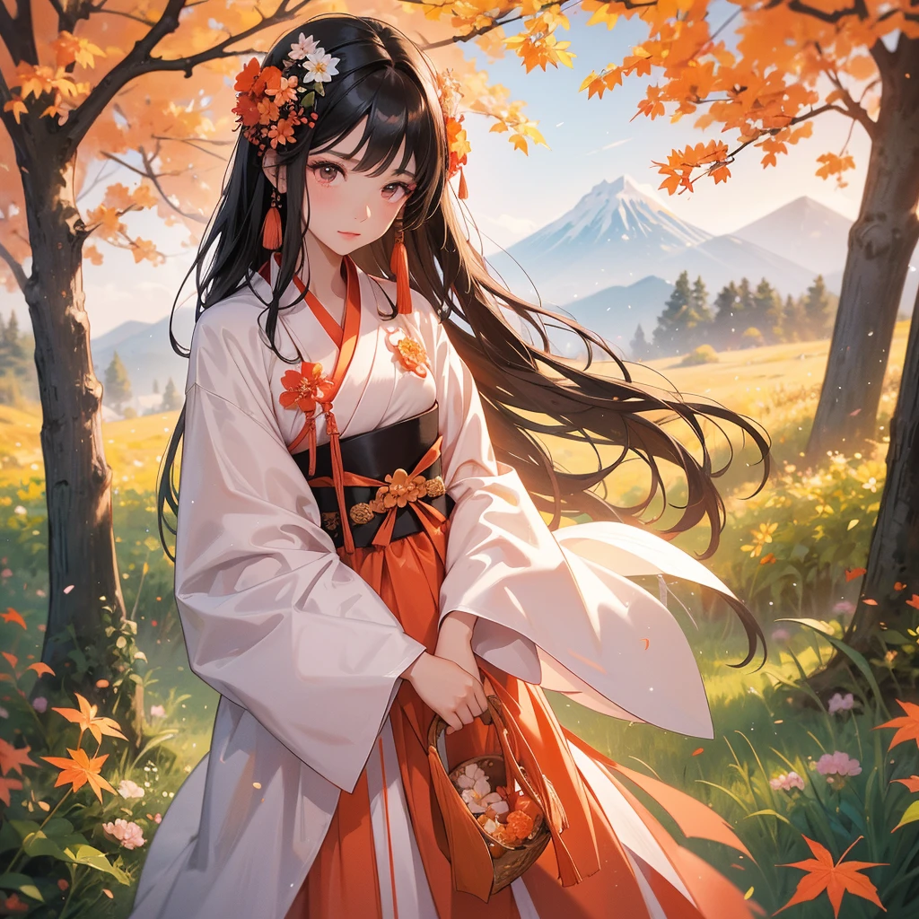 A beautiful female black hair in pink hanfu dress , Holding a large woven basket that full of flower in the forest,close up
The backdrop is a mountain that turns orange-red in spring, and maple leaves fall from the trees.