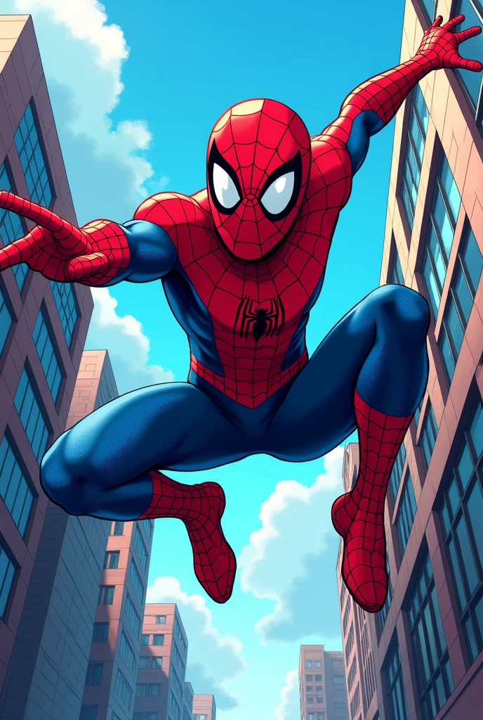 Comic artwork in 4K, showcasing Spider-Man in a lively blue hue with a detailed caricature that brings out the richness of expression. | The dynamic scene depicts the hero in full action, poised to swing between skyscrapers, infusing the atmosphere with a sense of movement and energy. | Skillfully integrating comic-style elements, this piece ensures a distinctive and humorous design suitable for any shirt. Offering a captivating view, this representation of Spider-Man delivers a fun and detailed portrayal of the iconic superhero.