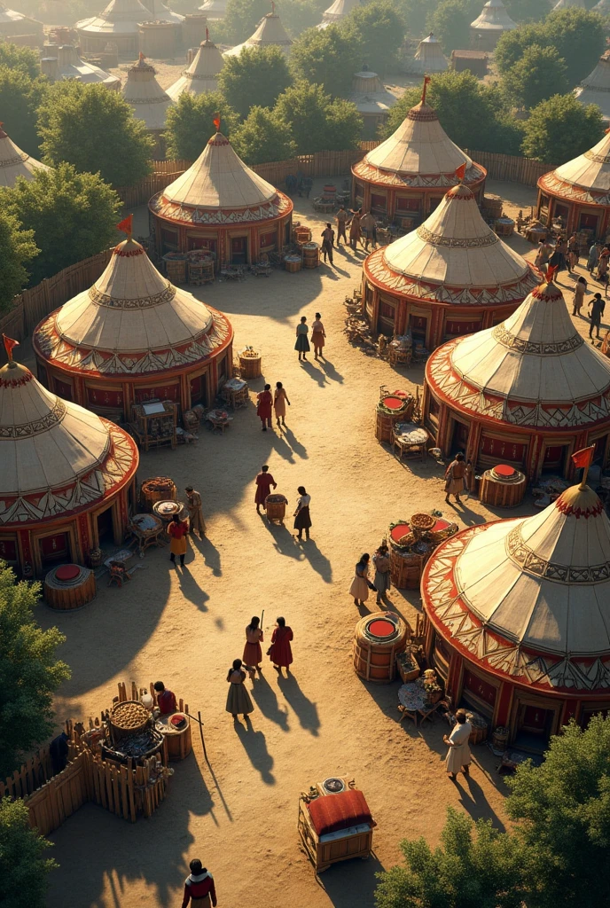 "Generate a highly detailed map of Ertugrul Gazi's 13th-century Turkish camp, as depicted in the 'Diriliş: Ertuğrul' series. The map should include a arrangement of yurts (khemas), each with intricate patterns and surrounded by wooden fences. In the center, depict a bustling market area with various shops selling goods like weapons, textiles, and food items. The market should be lively, with traders and people interacting.
Include a specific area for horses, featuring a well-organized 'horse parking' zone where the horses are tied to posts or resting near water troughs. Surround the camp with essential shops like blacksmiths, leatherworkers, and herbalists, each shop detailed