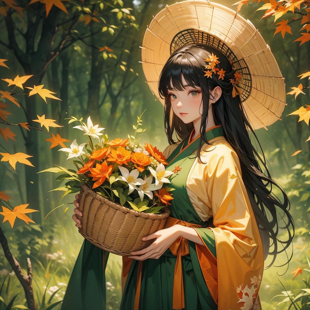 A beautiful female black hair in green hanfu dress , Holding a large woven basket that full of flower in the forest,close up
The backdrop is a mountain that turns orange-red in spring, and maple leaves fall from the trees.