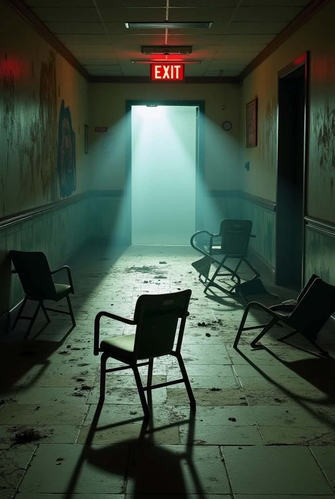 Old metal chairs turned upside down at night in the abandoned hospital lobby 