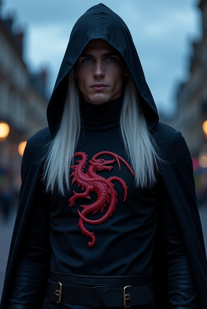 A modern superhero looks like Rhaegar Targaryen. He has black huperhero outft with large hood and emblem of threeheads red dragon. He looks like assasin. He has very long white hair and violet indygo eyes. He has clear face with no facial hair or wrikles. He looks strong, young and helthy.