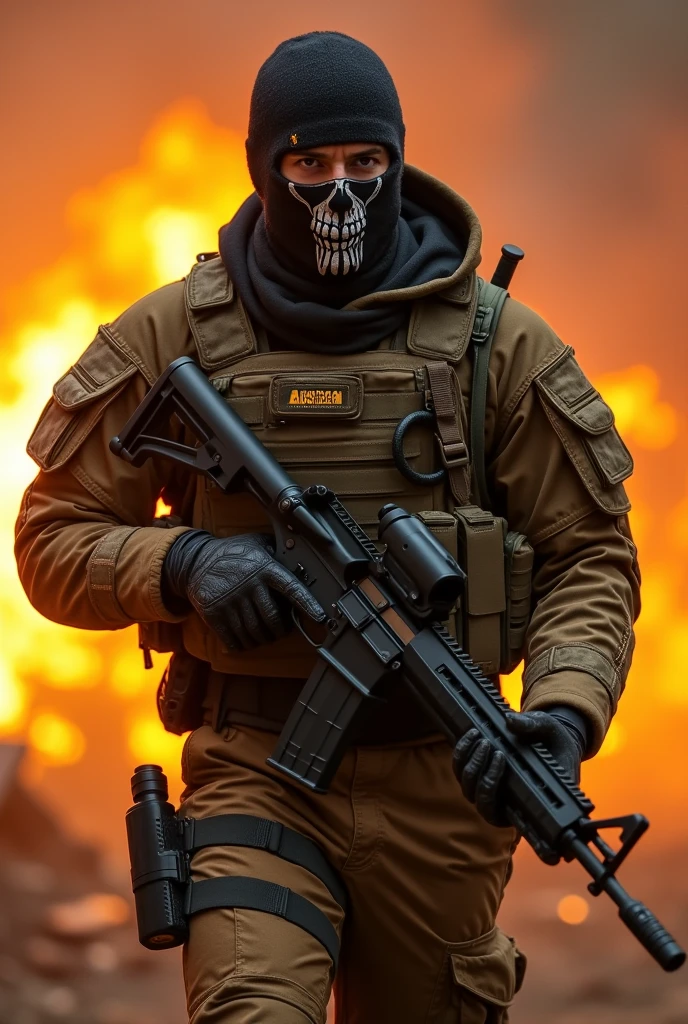 Masked soldier slowly and calmly walking forward while behind him everything is burning, he wears balaclava with painted skull on it, he is well equiped with a rifle and bulletproof armor and helmet
