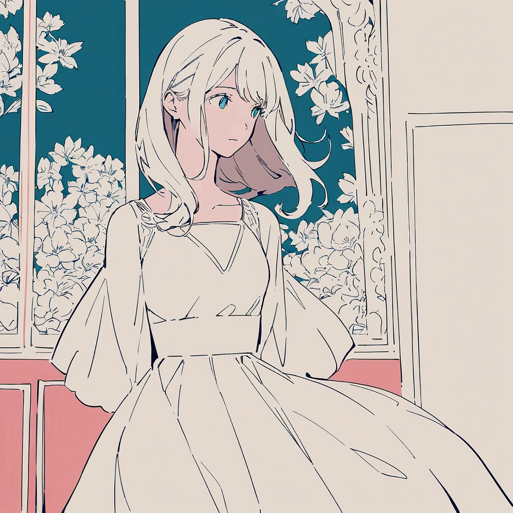 Woman in a white dress with floral painting in the background Flat color