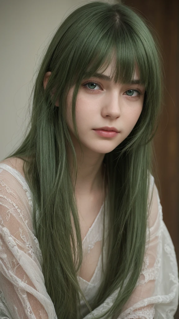 a girl. European. Extremely detailed face. Oval face. Delicate facial features. Half-closed eyes. Long straight hair. Messy hair. Bangs. Green hair. Green eyes. Lustful expression. sad mood. slight smile