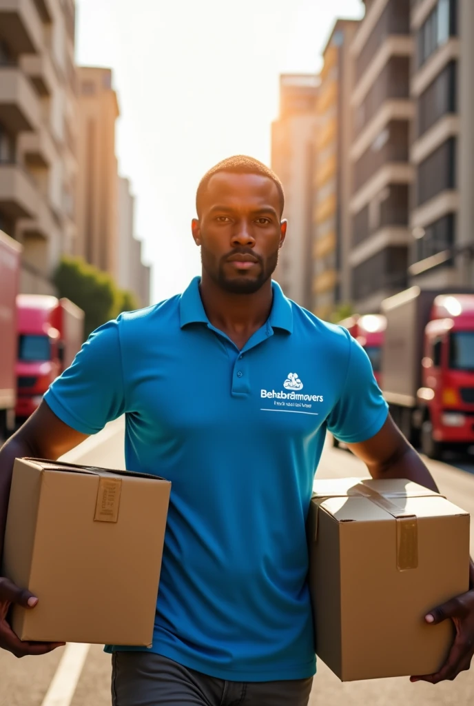 African man who is a professional movers Personnel,at work with a Polo shirt written Bebabebamovers