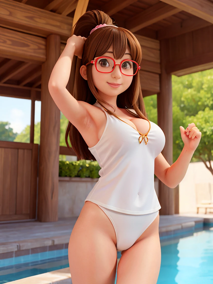 (4 ก、Highest quality)、(Realistic、Virtual image)、(Yakhian)、
1 girl comes in、single、full body、(face to audience)、
perfect hand、Looking for_in_audience、(((naked)))、
Outside the house、swimming pool、A more detailed face、Square glasses、slightly fat、The best smile、Light brown ponytail,(Big breasts, rift:1.4),(naked:1.3), (camel toe),35 years old、Nogizaka Idol、Actress、Korean idol、Placing Gravure Idol,Place your arms behind your back.,Raise both arms up,(together)