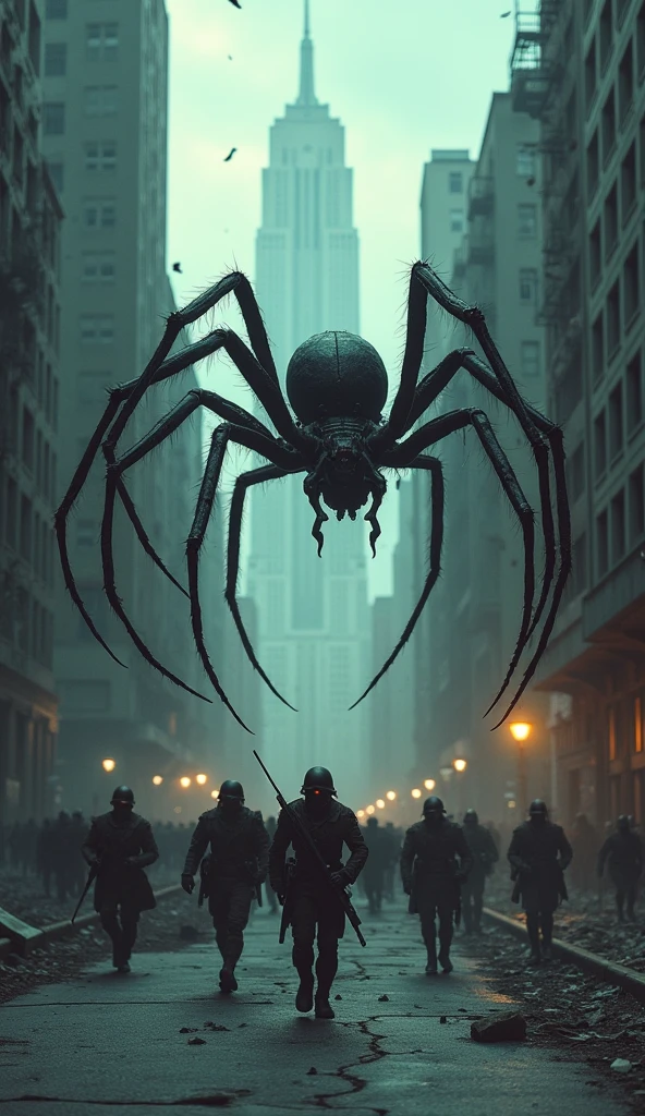 Hình ảnh Trong thành phố hoang tàn âm u vào giữa con đường những tòa nhà cao tầng .
Shocking scene of giant spider chasing retreating army