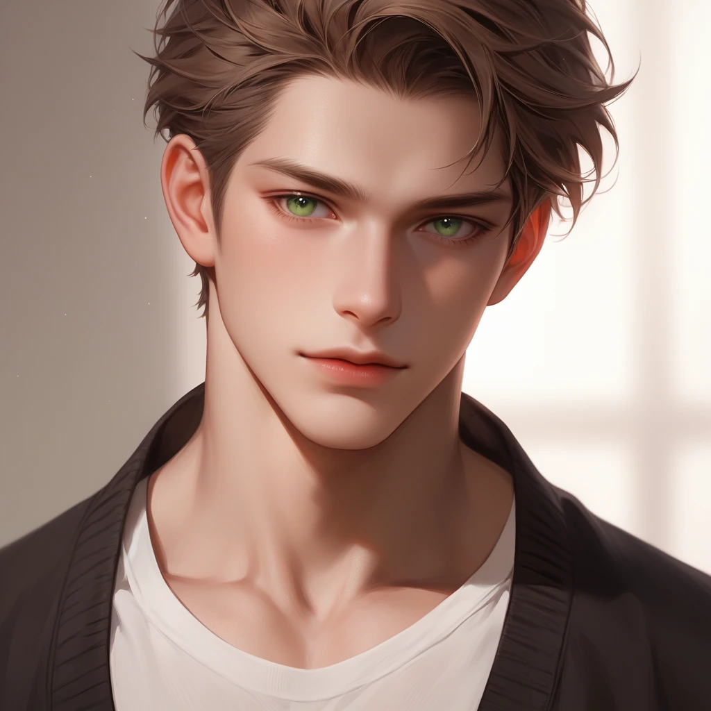 man, brown hair, green eyes, was thick and tall, and had yellowish-white skin, wear a white shirt. Half-Russian-Japanese, muscular, close up, portrait