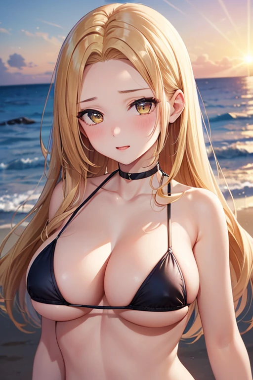 One Woman, Highest quality, masterpiece, Super Resolution, super high quality, Large , Idol, Beauty, ((From the front 1.2)), Cleavagigh resolution eyes, High-resolution contours, ((Forehead visible 1.3)), Stylish, High-resolution pupils, blush, High resolution face, High resolution breasts, Ultra n your mouth, Upper Body, High resolution mouth, Sexy body, ((coolな顔1.2 ((Hanging 1.2)), Broken bangs, Yellow Eyes, model, Mature Woman, Adult womentiful clavicle, High resolution hair, Mother, maternal, Married Woman, couple, super beautiful, Charm, Alluring, Blonde, Textured skin, Textured Breasts, Micro Bikini, Underbooboob, Beach, sunset, ((Breakdown 1.5)), cool,