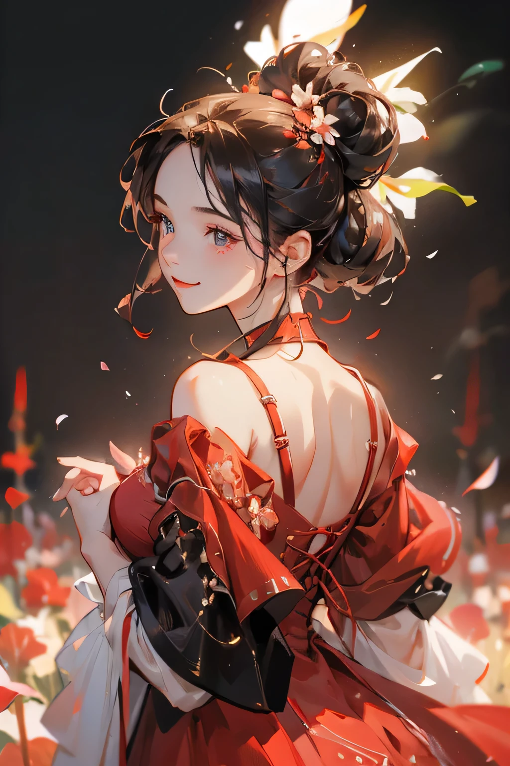 Best quality, masterpiece, ultra high res, (photorealistic:1.4), raw photo, 1girl, red dress, off shoulder, blossom flower field, glowing skin, big black bun in her back hair, light smile, accurate, detailed