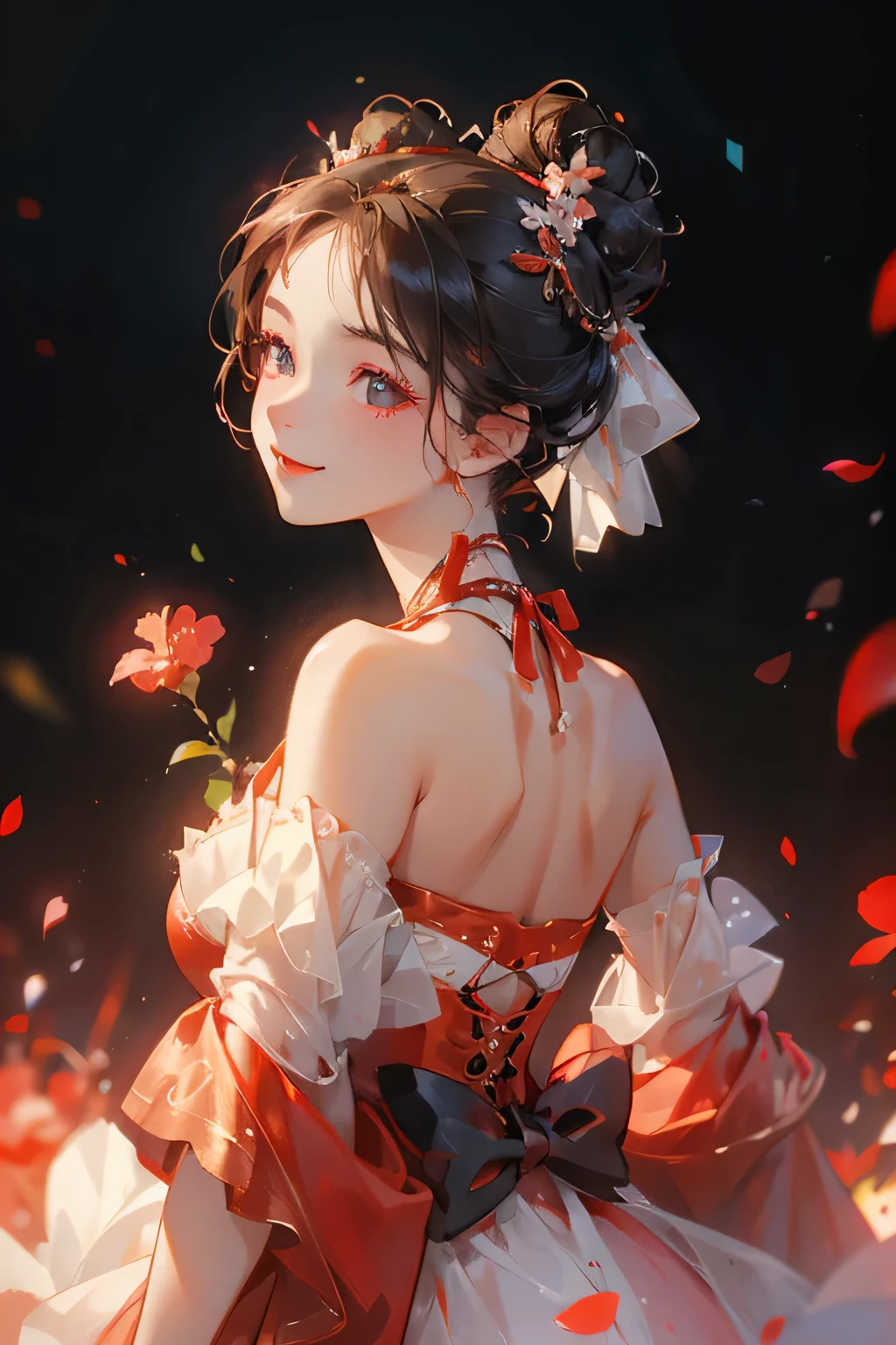 Best quality, masterpiece, ultra high res, (photorealistic:1.4), raw photo, 1girl, red dress, off shoulder, blossom flower field, glowing skin, big black bun in her back hair, light smile, accurate, detailed