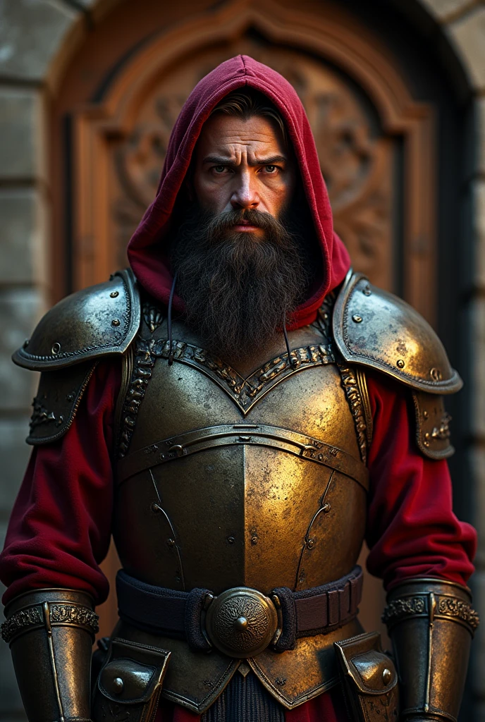 a bearded mountain man  hoodie in a red and black outfit standing in front of a door with, Andor Basch, renaissance, reddit, rugged male medieval knight, viking and templar aesthetics, medieval wear, medieval garb, brass colored armor coat, medieval clothes, 3D effect ultra-detailed intricate insanely full HD, golden ratio, volumetric modeling, spotlight embroidery, accents, intense gaze, digital painting cinematic film light, 