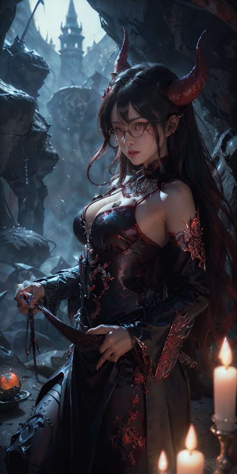 beautiful、(Best illustrations)、8k Ultra HD分辨率、Intricate details、Top quality、Realist、Ultra Detailed、Optimal lighting、Best shadow、Soft lighting、Ultra HD、Dungeons and Dragon、cave、Dungeons、 undead mage、night、Dark Style、Succubus、Devil&#39;s Daughter、Bat Wings，(((Demon Horn Rimless Round Glasses))))、(((Big Breasts)))、(Devil&#39;s Tail)、(Red eyes glow:1.6)、masterpiece、Beautiful face、Tyndall Effect、photo逼真、(High Detail Skin:1.2)、8 Kurds、Digital SLR Camera、high quality、photo、high resolution、 absurd、Ponytail Transformation、The best ratio of four fingers and one thumb、1 person、Hair accessories、Red sparkling gemstone necklace、Jewel-like、Beautiful expression、Body Up、Emphasize large breasts、Tighten waist、Wide hips、Tyndall Effect、Photorealistic、(High Detail Skin:1.2)、Pink nipples, Pink Cat