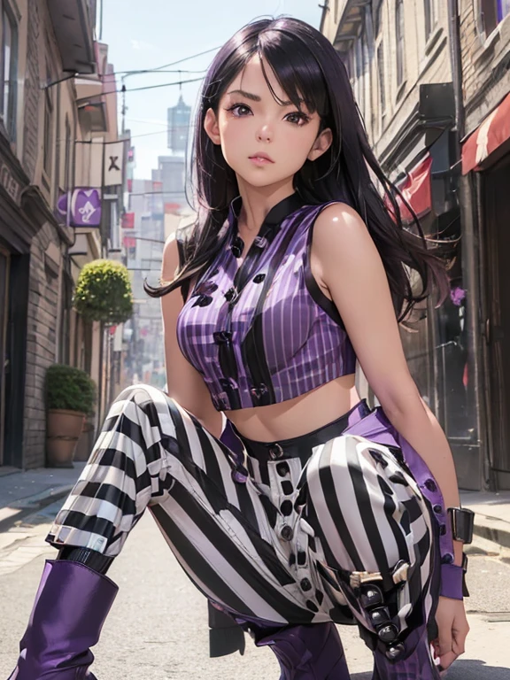 Young Asian  beautiful woman, a brown tanned complexion, long straight dark black hair, striking almond-shaped dark brown eyes, and a frame:1.6)), ((Sophie Tan:1.5)), posing on a city street, wearing ((a black cropped top with white stripes, black high-waisted pants with buttons, and purple ankle boots:1.6)). She is striking a fashionable pose with one hand on her hip and the other adjusting her red sunglasses. The background features a bustling city street. The scene is captured with a ((full-frame DSLR:1.4)) using a ((50mm prime lens:1.4)) to keep Sophie in sharp focus while slightly blurring the background. Professional lighting enhances her natural features and the trendy outfit. The image should be in ((8K resolution:1.5)) with ((hyper-realistic detail:1.6)). The focus is on Sophie’s trendy street style, her confident pose, and the vibrant city setting.]]