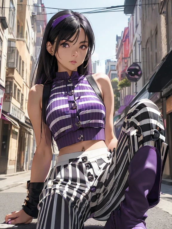 full body Esbian, masutepiece: 1.2, Highest Quality), (Live-action, elaborate details), (1 Lady, Solo, Upper body,) Clothing: Edgy, Black long jumper, pink miniskirt, long hair with dark blue ponytail,,,,,,,,,,、Avant-garde, Experimental appearance: Long dark blue ponytail hair 、Heart-shaped choker、The location: bustling city、Solo、Value Creation in Mixed Media Art: individuality, authenticity, Creative expression,Blunt Bangs, purple eyes